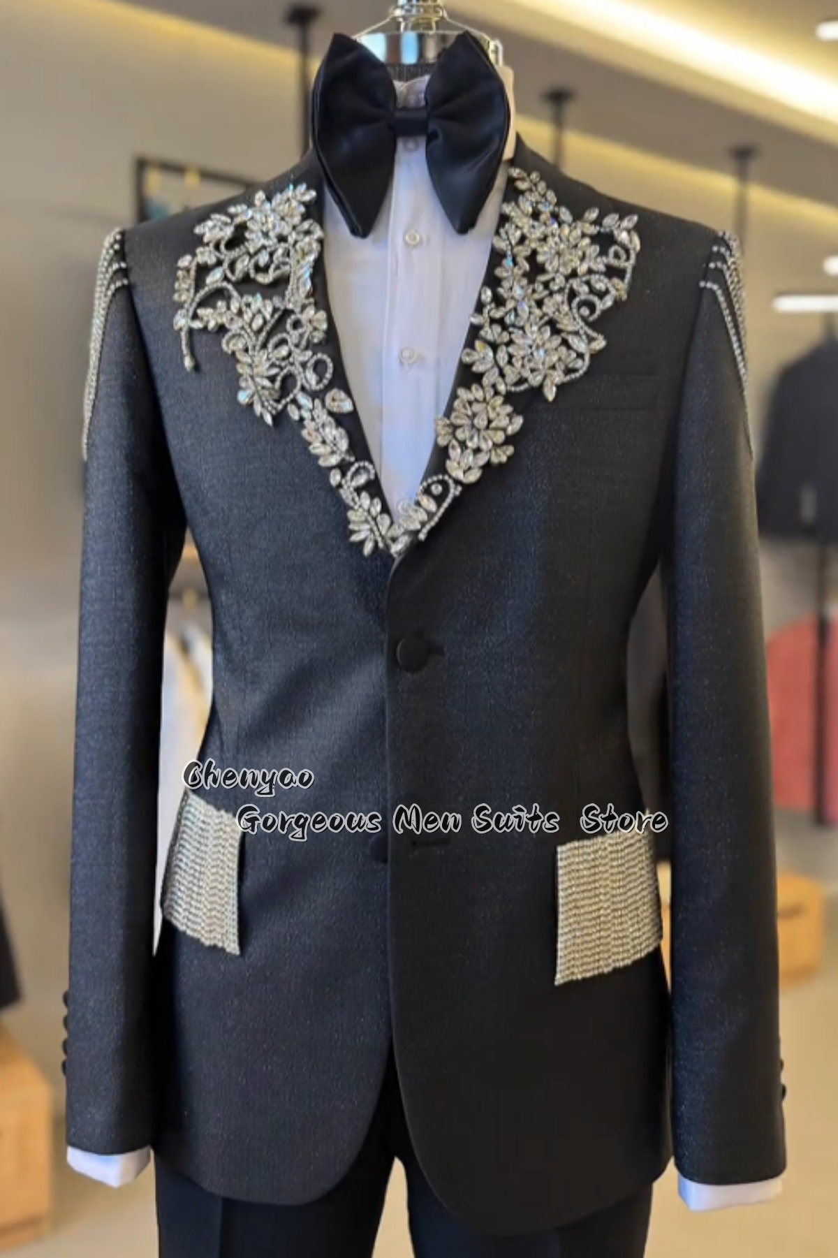 Men'S Grooming Jacket - بدلات رجالية كلاسيكية مزينة بالخرز والكريستال،