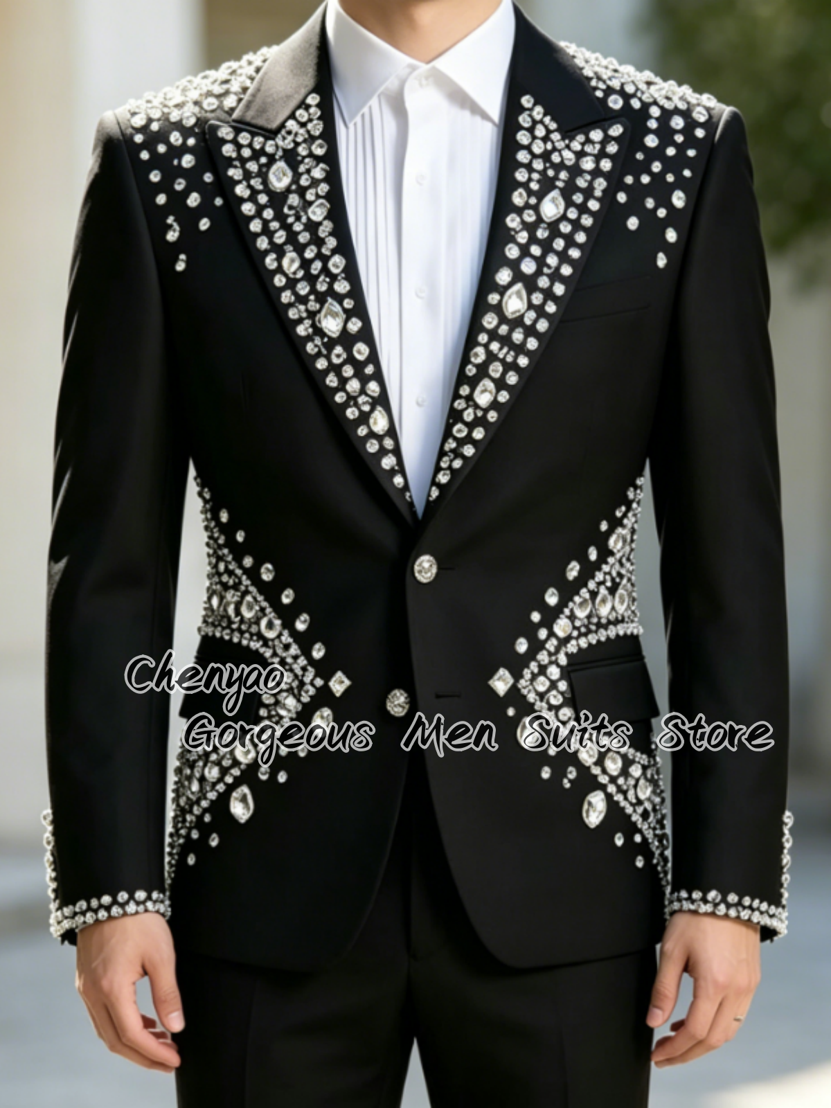 Men'S Grooming Jacket - بدلة رجالية سوداء فاخرة مزينة بالكريستال،