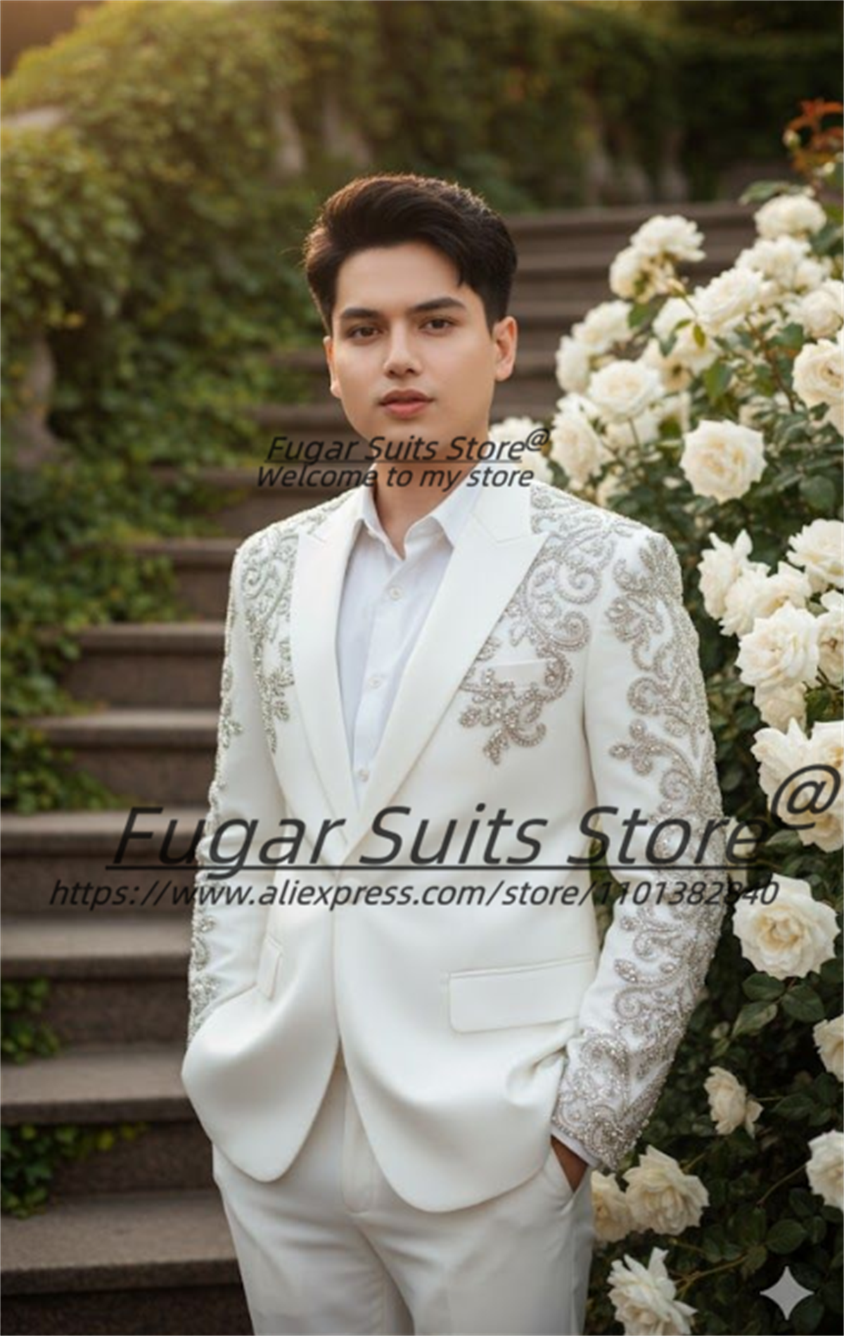 بدلة رجالية أنيقة بيضاء مطرزة  - مراجعة Men'S Grooming Jacket وسعره